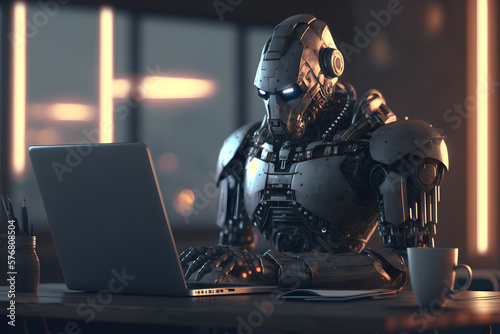 Portrait of robot working on laptop generative ai