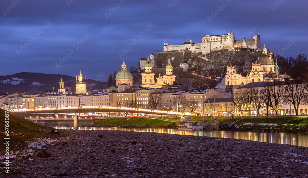 Salzburg. Picturesque view of the old historical part of the city at sunset.