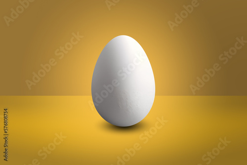 White egg in front of a yellow wall and on a yellow floor