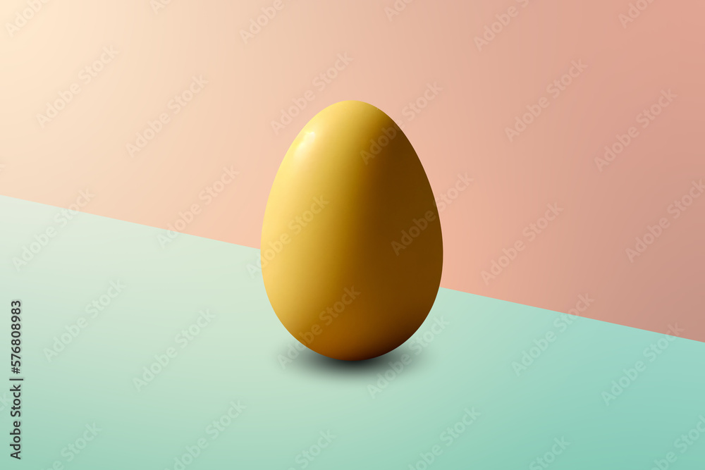 yellow Egg in front of a green pastel wall and on a pink pastel floor