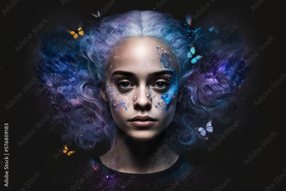 Surreal portrait of a young woman with galaxy hair and butterfly wings, set against a black background, generative ai Surreal portrait of a young woman with galaxy hair and butterfly wings, set against a black background, generative ai