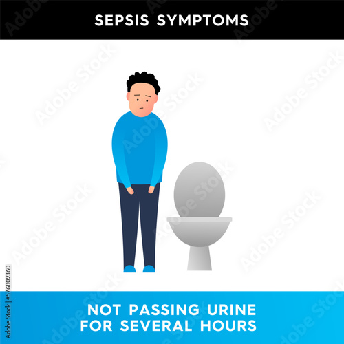 Vector illustration of a sad character standing near the toilet. A person cannot go to the toilet for a long time. Problems with urination. Symptoms of sepsis. Illustration for medical articles.