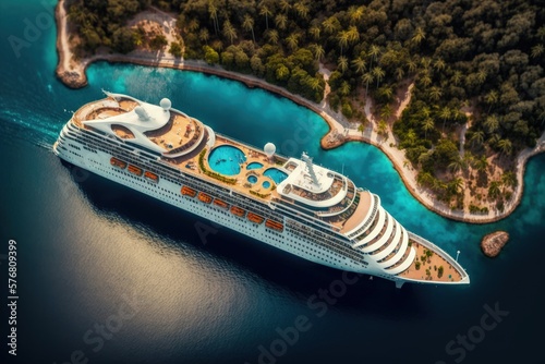 Cruise ship docked at tropical island resort, Modern and luxurious cruise ship, Generative AI © Kaleb