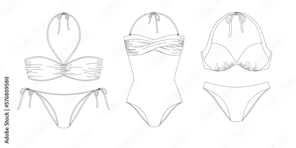 Woman swimwear, technical drawing, template, sketch, flat, mock up. Recycled PA, Recycled PES, Lycra fabric swimwear front view, white color