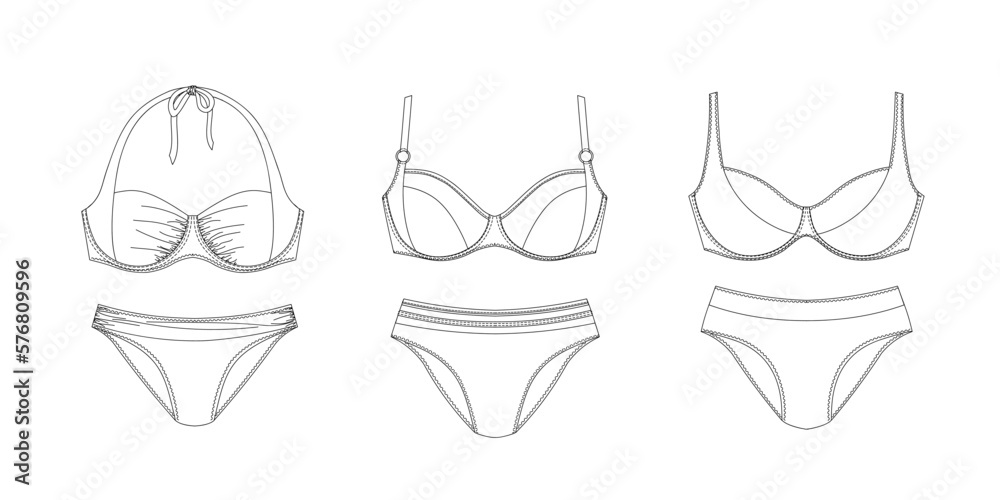 Woman swimwear, technical drawing, template, sketch, flat, mock up. Recycled PA, Recycled PES, Lycra fabric swimwear front view, white color