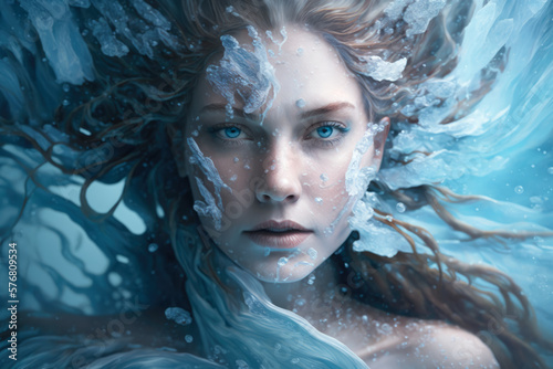 The Frozen Beauty Portrait of a Woman Turning into Ice, generative ai