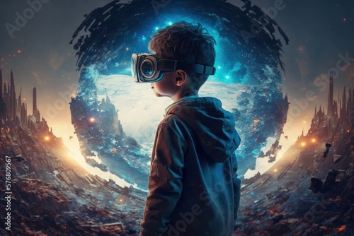 Kid boy with VR glasses entering the metaverse, Generative AI 