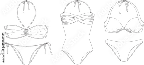 Woman swimwear, technical drawing, template, sketch, flat, mock up. Recycled PA, Recycled PES, Lycra fabric swimwear front view, white color