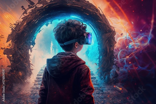 Kid boy with VR glasses entering through metaverse door Generative AI