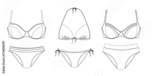 Woman swimwear, technical drawing, template, sketch, flat, mock up. Recycled PA, Recycled PES, Lycra fabric swimwear front view, white color