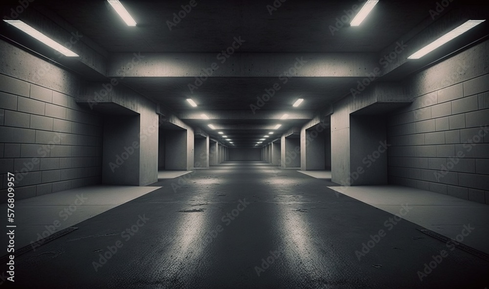  an empty parking garage with lights on the ceiling and a long hallway between the two walls is empty and dark, with only one car parked in the middle.  generative ai
