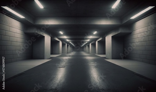  an empty parking garage with lights on the ceiling and a long hallway between the two walls is empty and dark, with only one car parked in the middle.  generative ai