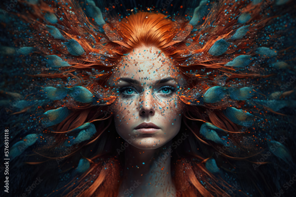 Obraz premium Transformation Red-Haired Woman Becoming a Peacock, generative ai