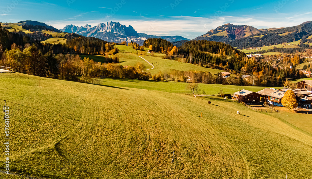 Beautiful alpine autumn or indian summer landscape shot at the famous Streuboeden summit, Fieberbrunn, Pillerseetal valley, Tyrol, Austria