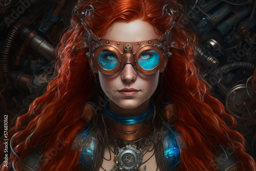 Trippy portrait of a woman with long red hair, glowing blue eyes, and a steampunk-inspired outfit, complete with goggles and mechanical accessories, generative ai