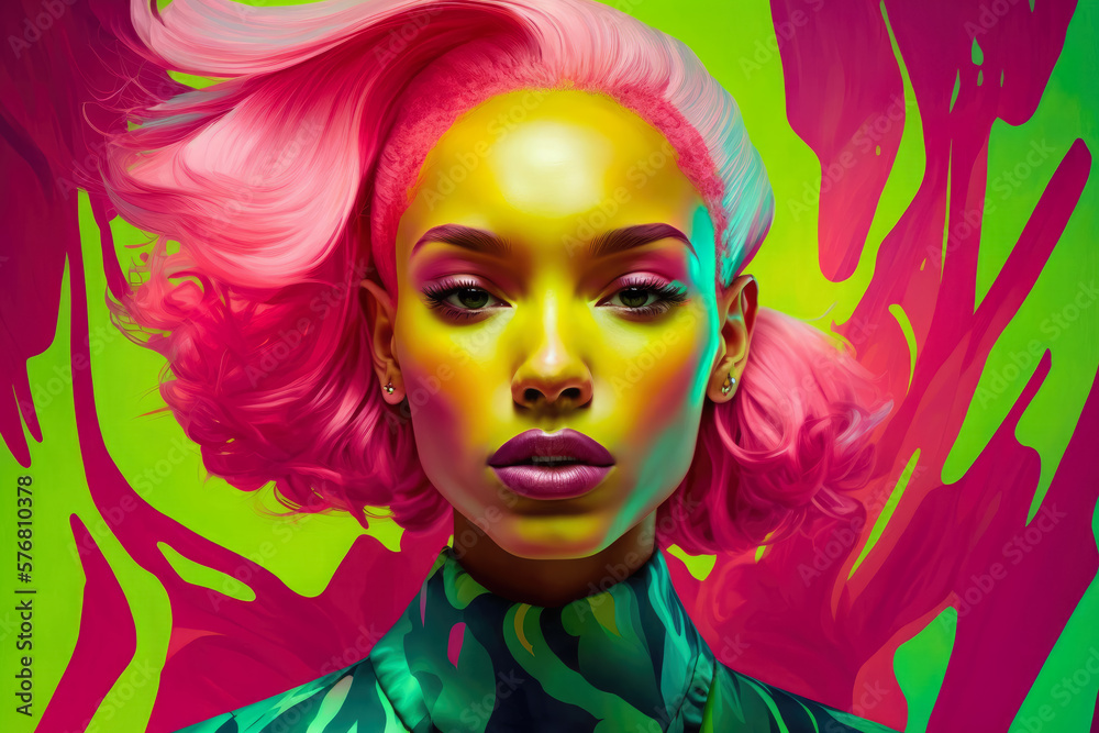 Vibrant portrait of a beautiful woman with pink hair and a neon green dress, surrounded by abstract shapes, generative ai