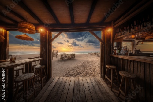 Wooden bar interior by the beach, wooden restaurant overlooking the sea at sunset, Generative AI