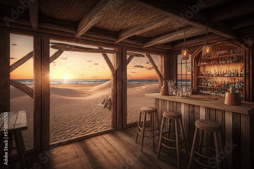 Wooden bar interior by the beach, wooden restaurant overlooking the sea at sunset, Generative AI