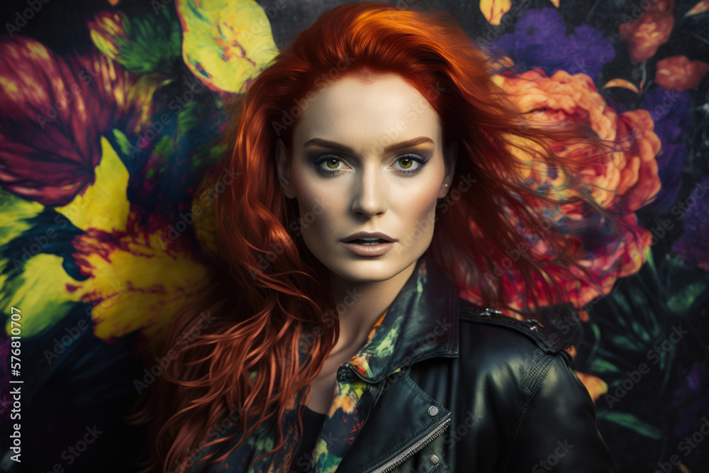 Wild and vibrant portrait of a young woman with fiery red hair, wearing a black leather jacket and a vibrant floral skirt, generative ai