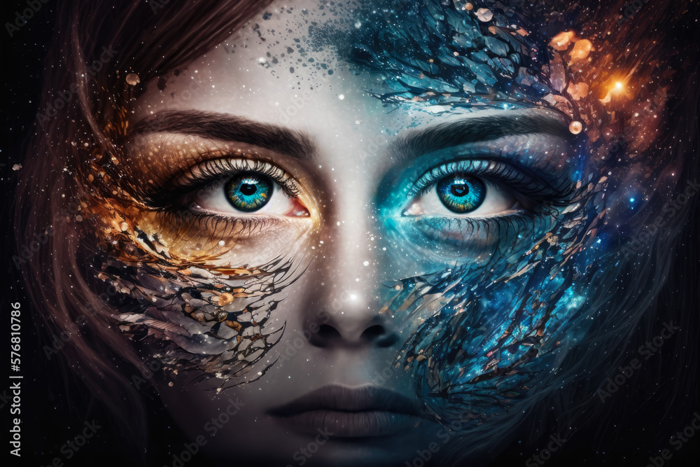 woman with a galaxy in her eyes in surreal portrait, generative ai