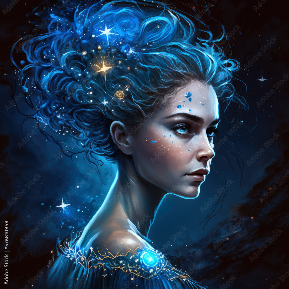 Young celestial queen with a regal blue dress and hair made of 