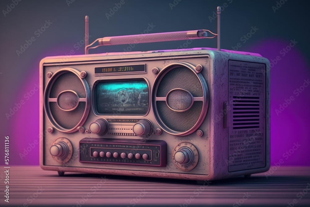 Fototapeta premium Old radio on background with purple and pink colors vaporwave style, Generative AI
