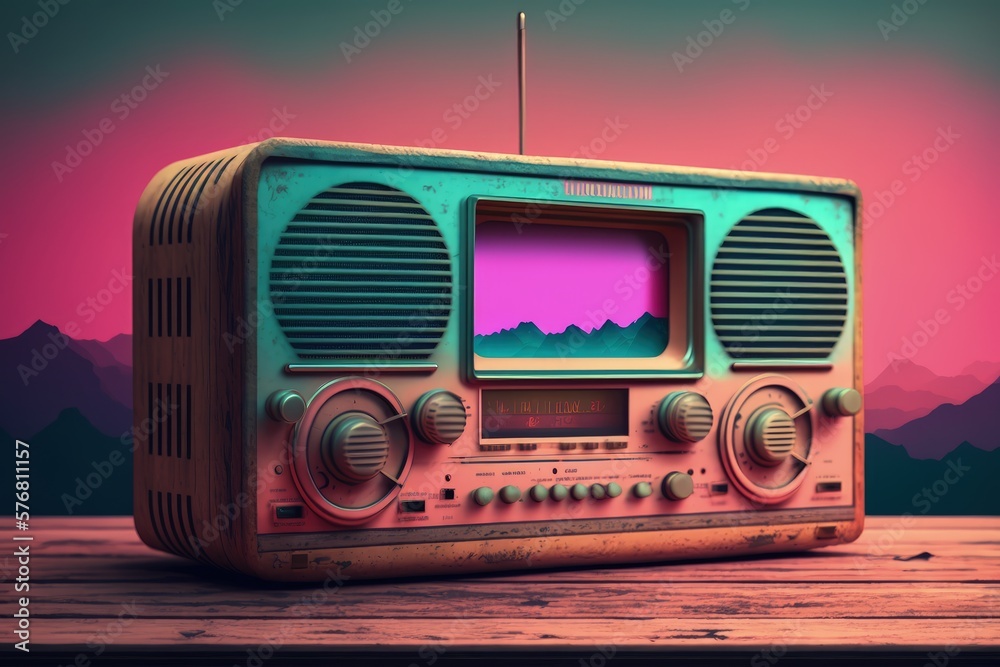 Old radio on background with purple and pink colors vaporwave style,  Generative AI Stock Illustration | Adobe Stock