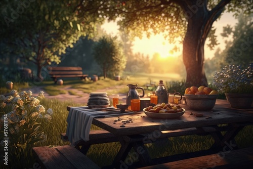 Picnic in the park at sunset, Picnic table in park with trees, Generative AI