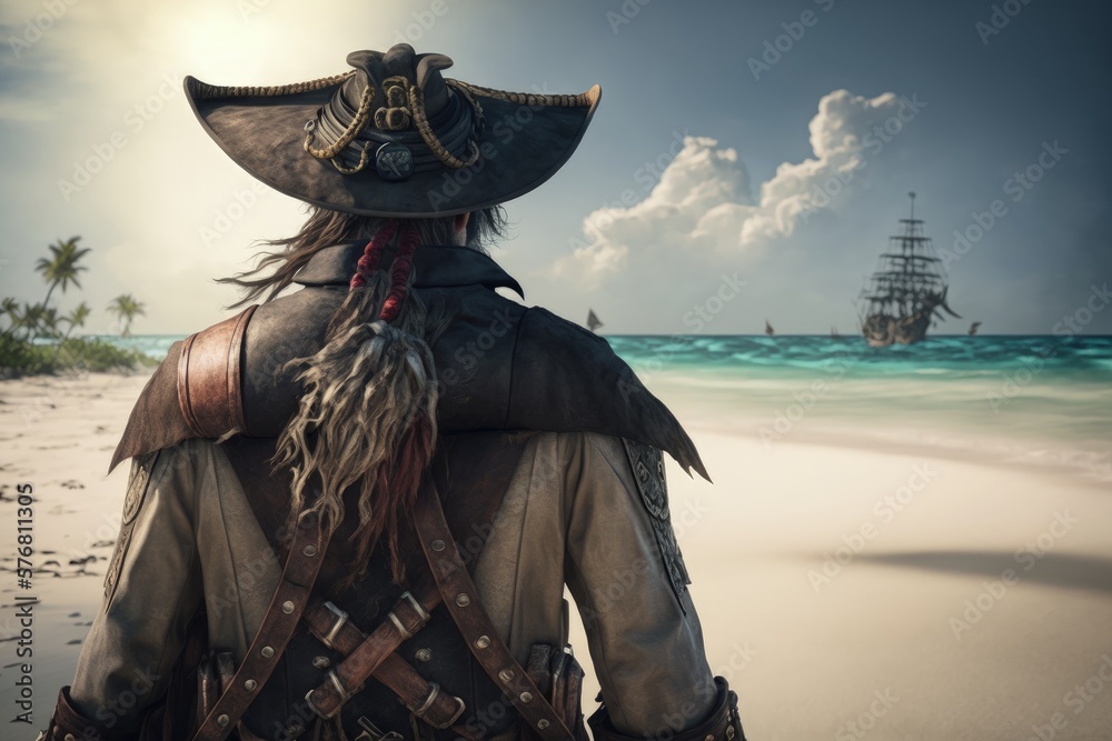 Obraz premium Pirate with his back on the beach sand. Pirate looking out to sea, Generative AI