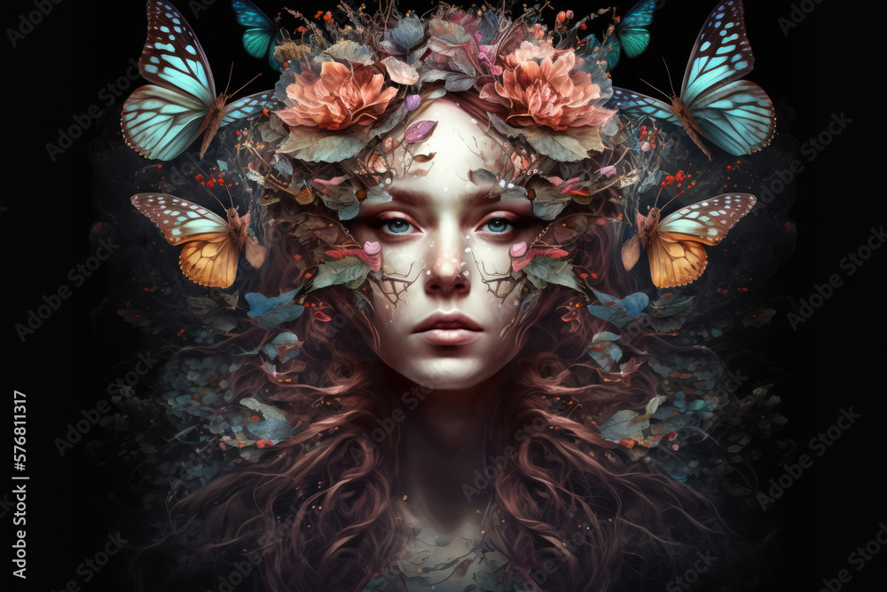 Butterfly Goddess surreal portrait of a woman with butterfly wings and a crown of flowers, generative ai