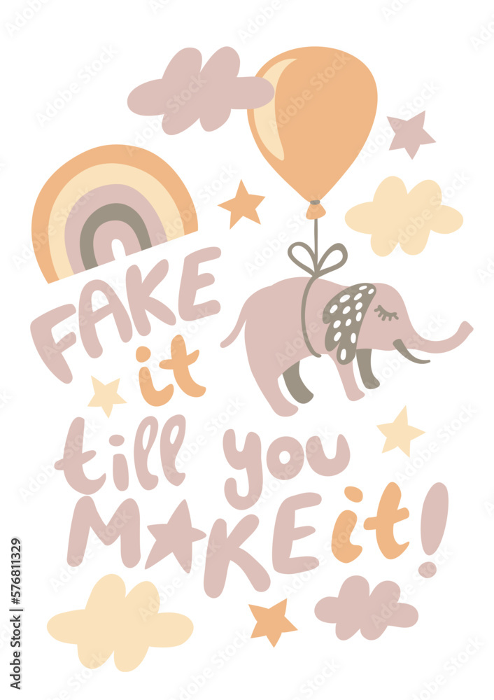 Poster with cute elephant flying in the sky using helium balloon
