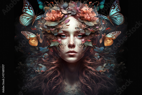 Butterfly Goddess surreal portrait of a woman with butterfly wings and a crown of flowers, generative ai