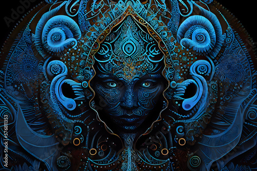 Psychedelic illustration of a blue navi face intertwined with mandala shamanic art generative ai