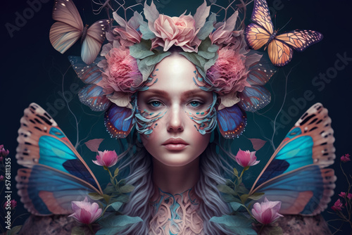 Butterfly Goddess surreal portrait of a woman with butterfly wings and a crown of flowers, generative ai