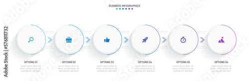 Timeline infographic with infochart. Modern presentation template with 6 spets for business process. Website template on white background for concept modern design. Horizontal layout.