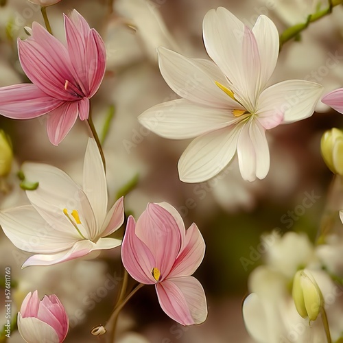 Seamless texture of blooming flowers. Tiles without borders. The repeating ornament is very detailed. Generative art.