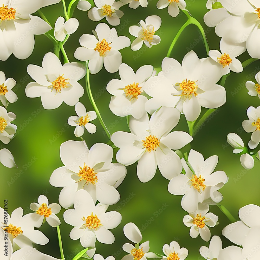 Fototapeta premium Seamless texture of blooming flowers. Tiles without borders. The repeating ornament is very detailed. Generative art.