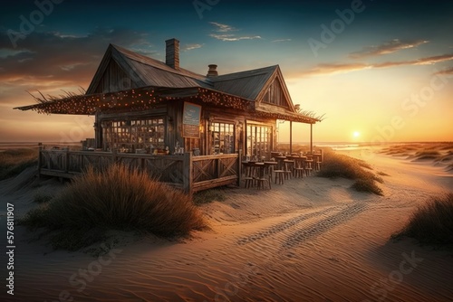 Wooden restaurant on the beach sand overlooking the sea and sunset, Generative AI