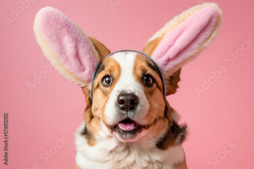 Tableau sur toile Funny corgi dog with easter bunny ears on pink background
