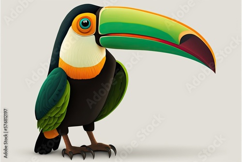 An individual toucan against a blank white background. Generative AI