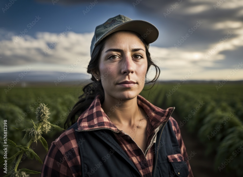 Portrait of a woman farmer in a cannabis field. Generative AI.