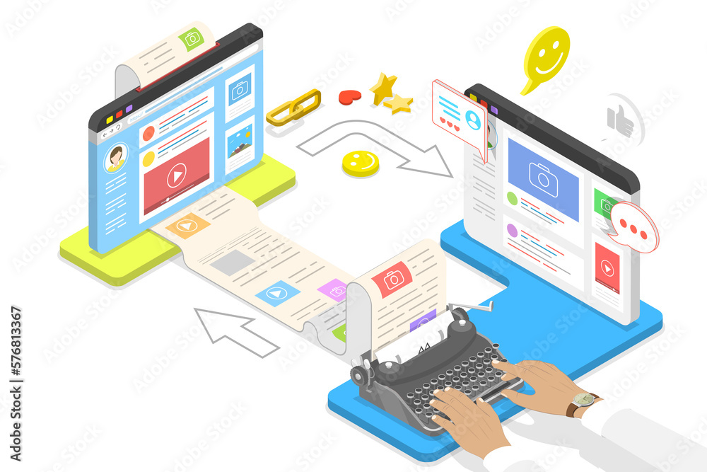 Isometric flat  concept of guest blogging, commercial blog posting. - obrazy, fototapety, plakaty 