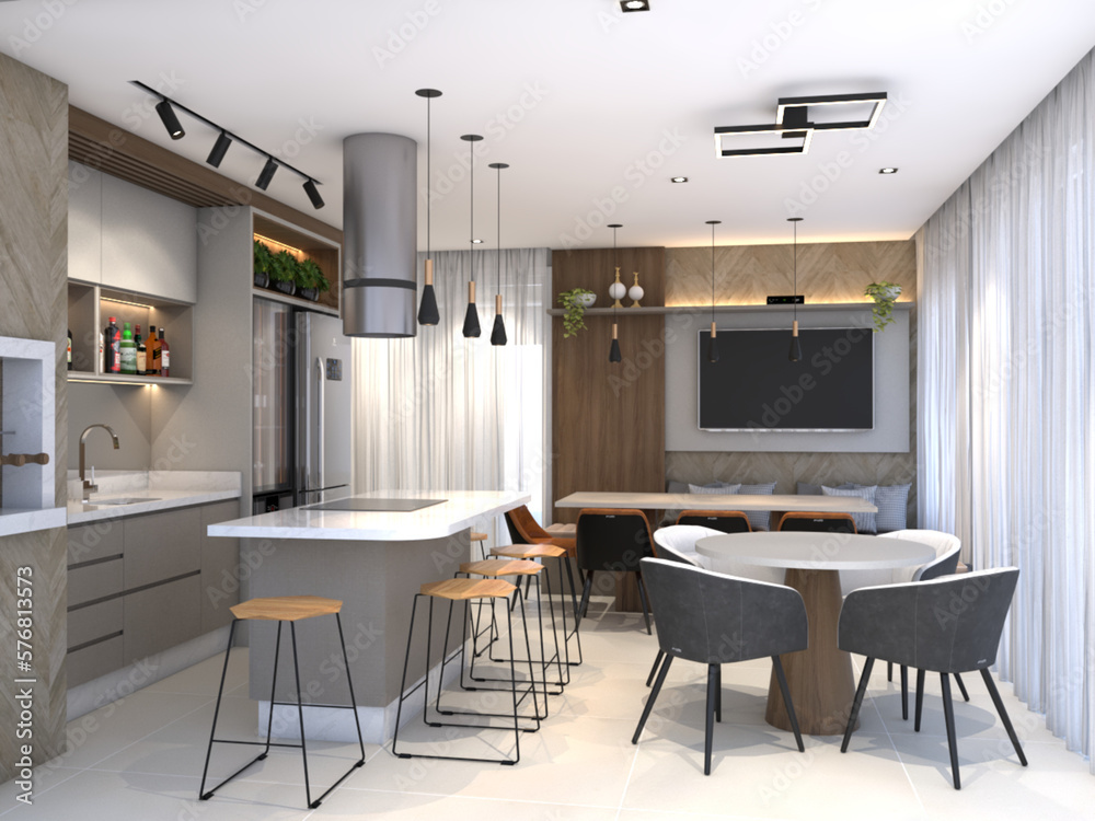 Modern and contemporary gourmet space with neutral colors. Space to receive friends. modern kitchen - obrazy, fototapety, plakaty 