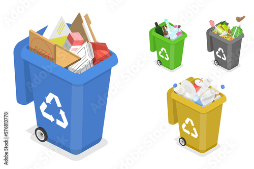 3D Isometric Flat Concept of Sorting Waste for Recycling.