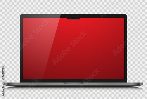 A realistic laptop with a red gradient screen and reflection on a transparent background. Vector illustration.