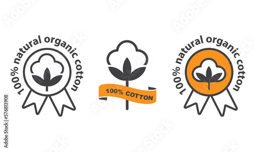 100% cotton, natural organic cotton, pure cotton vector, labels set.