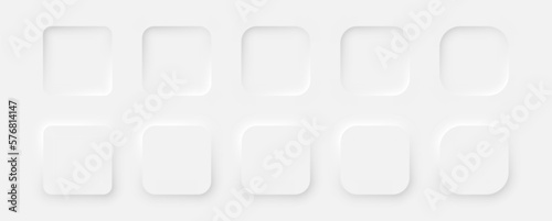 Square buttons in neumorphic style on a white background. A set of user interface design elements. Vector illustration.