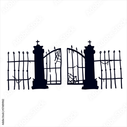 Old fence of cemetery. Halloween decoration. Black silhouette of gloomy wall.