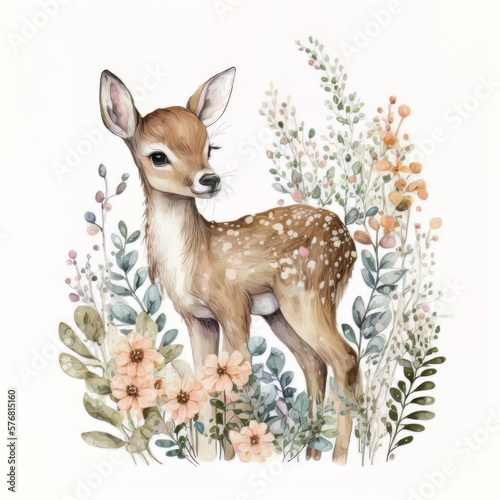Fototapeta Watercolor forest cartoon isolated cute baby deer animal