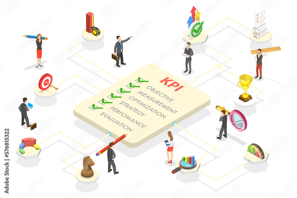 3D Isometric Flat  Conceptual Illustration of KPI - Key Performance Indicator